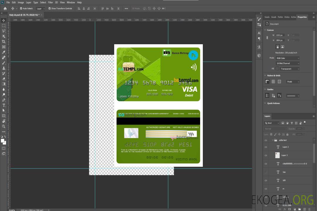 Modèle de carte de crédit visa banque métropolitaine de Cuba au format PSD, entièrement modifiable template Modèle de carte de crédit visa banque métropolitaine de Cuba au format PSD, entièrement modifiable template